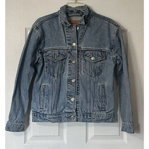 Levis Denim Jean Jacket Women Small Blue Trucker Button Up Red Tab Distressed